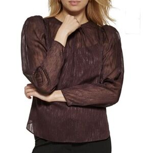DKNY blouse top brown puff sleeve cami inside LARGE